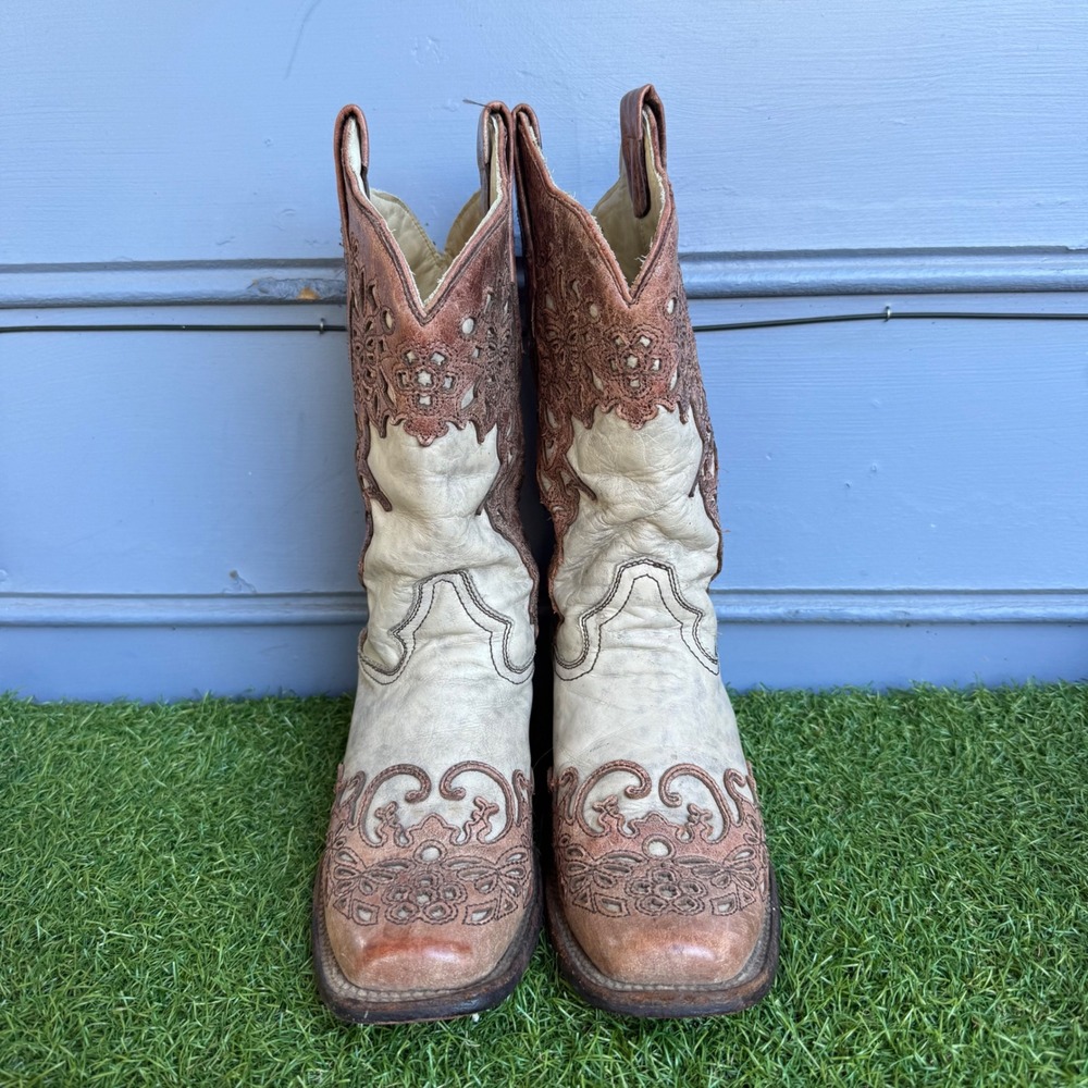 Corral Vintage A4555 Brown Cream Floral Embroidery Western Boots Women 8 M